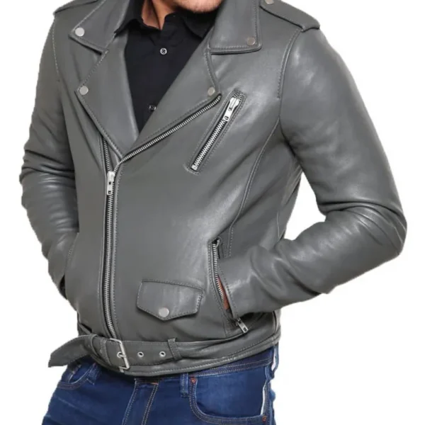 Men's Grey Casual Motorcycle Biker Leather Jacket