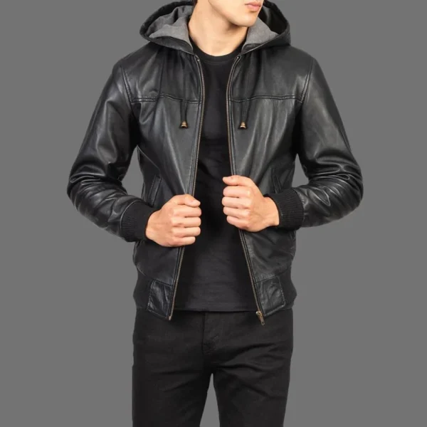 Mens Black Leather Hooded Motorcycle Jacket