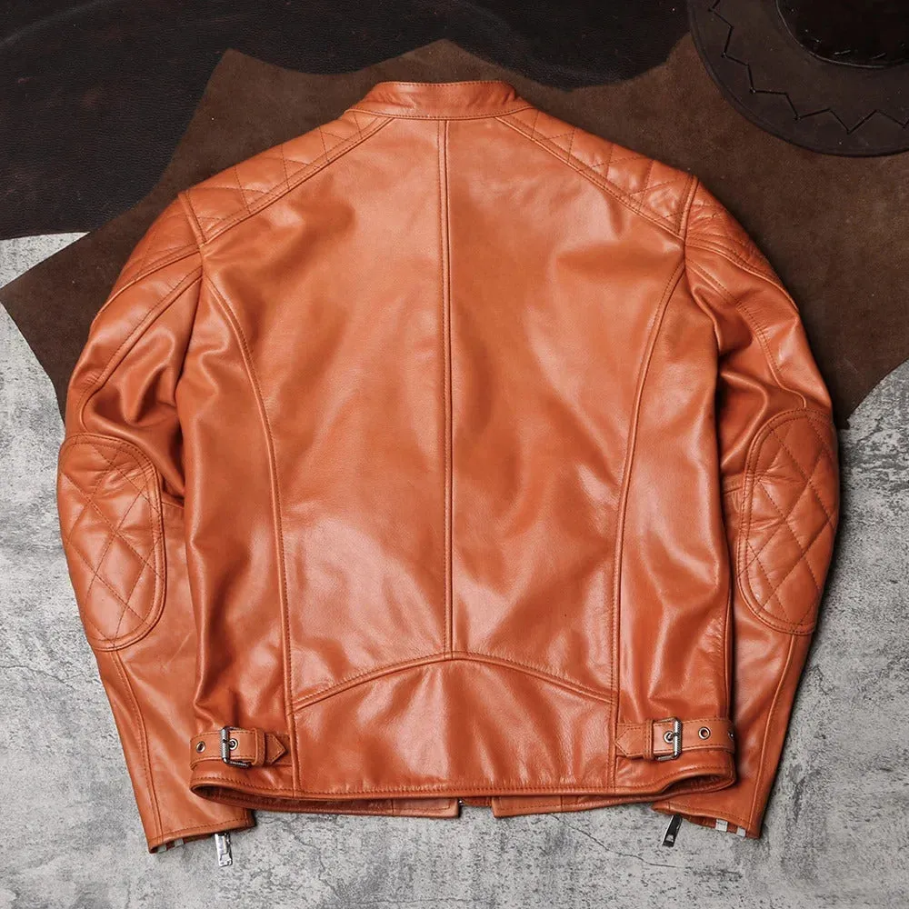 Men's Genuine Sheepskin Leather Motorcycle Jacket - Stand Collar - Image 2