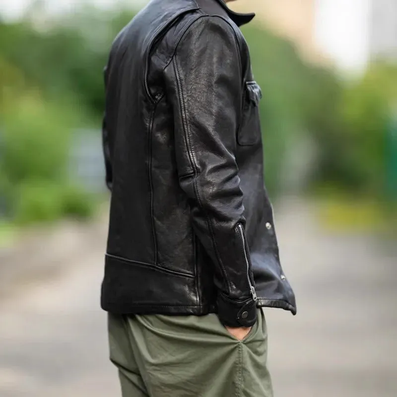 Men's Vintage Sheepskin Leather Motorcycle Jacket - Turn-Down Collar, Long Sleeve, Autumn Punk Style - Image 2