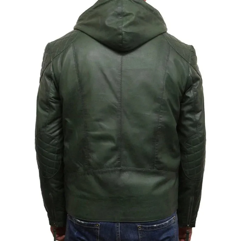 Men's Green Hooded Biker Leather Jacket - Image 2