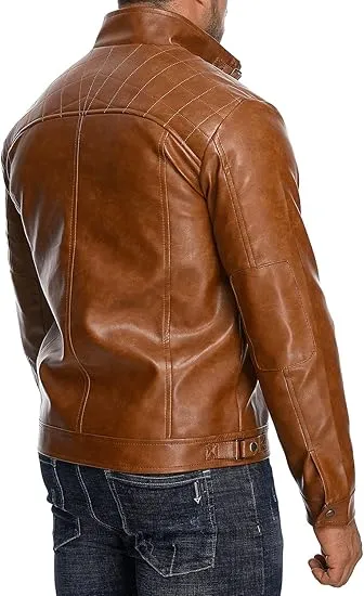 Men's Stand Collar Casual Leather Motorcycle Jacket - Image 3