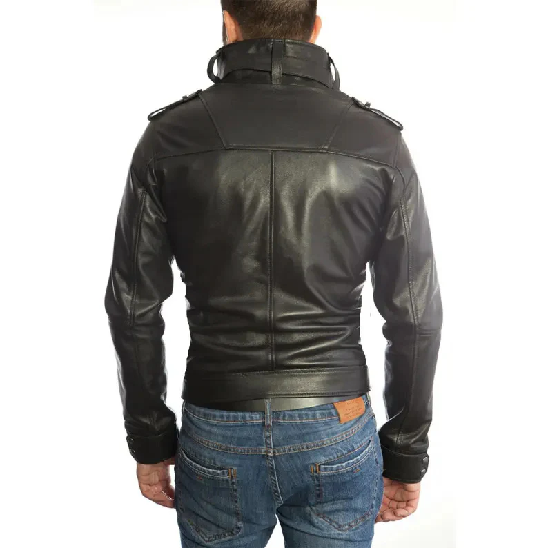 Men's Slim Fit Black & Brown Genuine Leather Biker Jacket with Six Front Pockets - Image 2