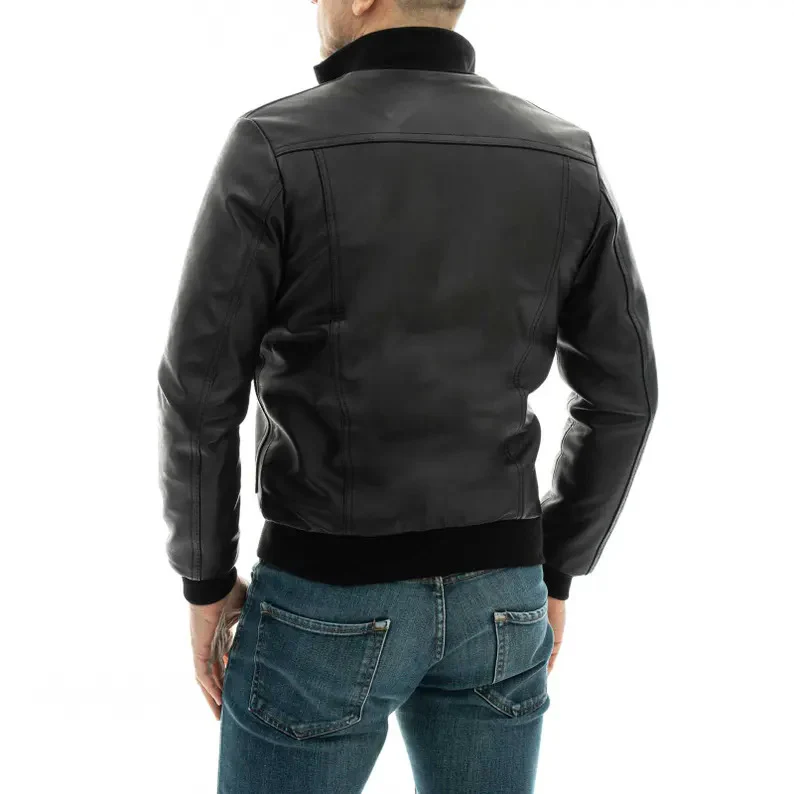 Men's Slim Fit Black Genuine Leather Bomber Jacket with Zip-Up Closure and Pockets - Image 2