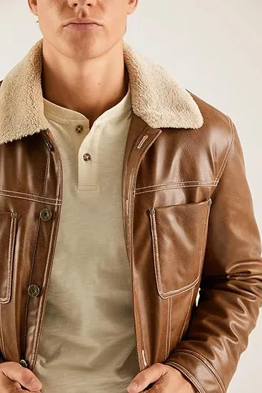 Men's Premium Genuine Lambskin Leather Jacket with Fur Collar - Classic Style