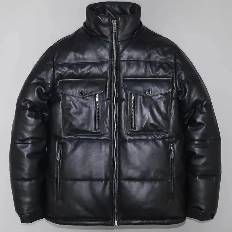 Men's Warm Winter Duck Down Sheepskin Leather Jacket - Image 3