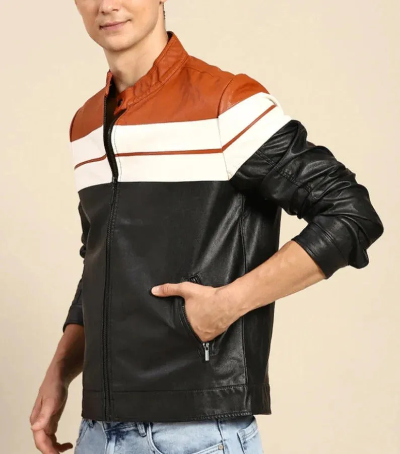 Men's Black and Brown Casual Leather Jacket - Image 3
