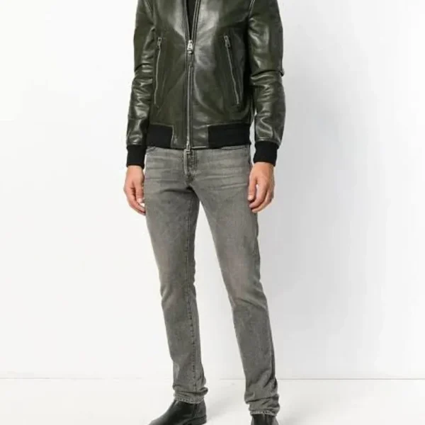 Men's Green Casual Motorcycle Biker Leather Jacket