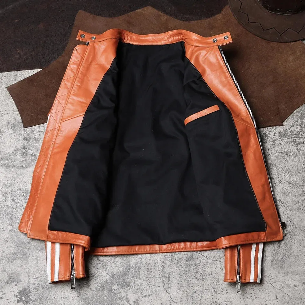 Men's Genuine Sheepskin Leather Motorcycle Jacket - Stand Collar - Image 3