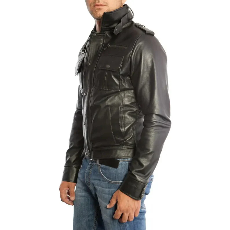 Men's Slim Fit Black & Brown Genuine Leather Biker Jacket with Six Front Pockets - Image 3