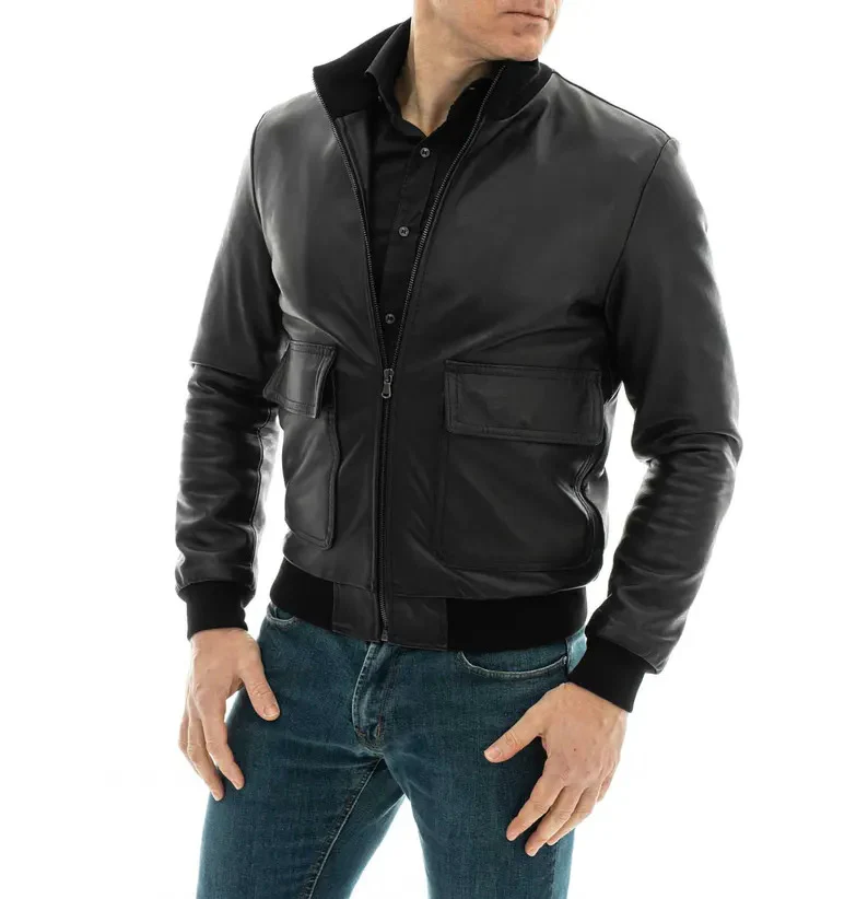 Men's Slim Fit Black Genuine Leather Bomber Jacket with Zip-Up Closure and Pockets - Image 3