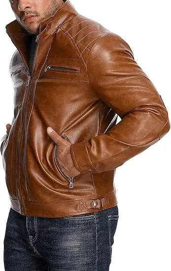 Men's Stand Collar Casual Leather Motorcycle Jacket - Image 4
