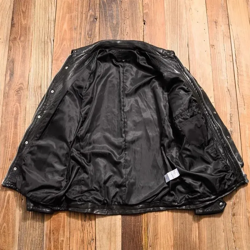 Men's Vintage Sheepskin Leather Motorcycle Jacket - Turn-Down Collar, Long Sleeve, Autumn Punk Style - Image 5