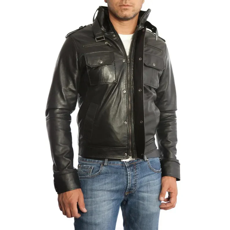 Men's Slim Fit Black & Brown Genuine Leather Biker Jacket with Six Front Pockets - Image 4