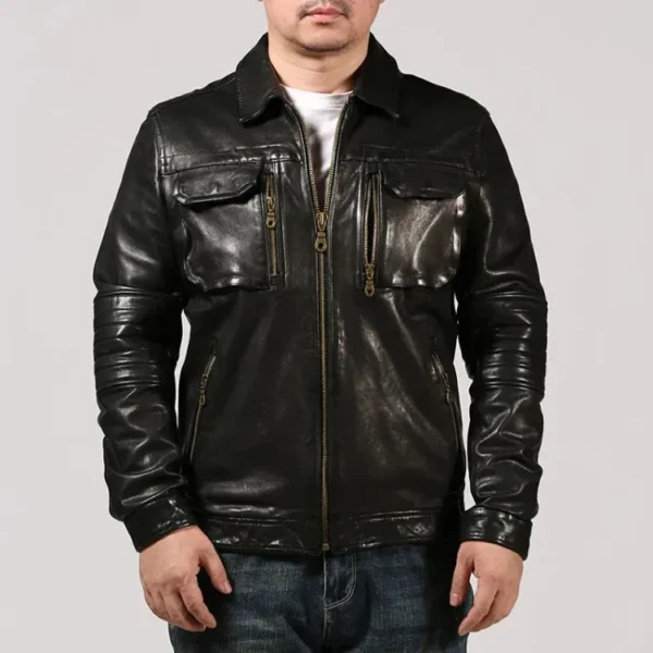 Men's Slim Fit Designer Black Sheepskin Motorcycle Jacket