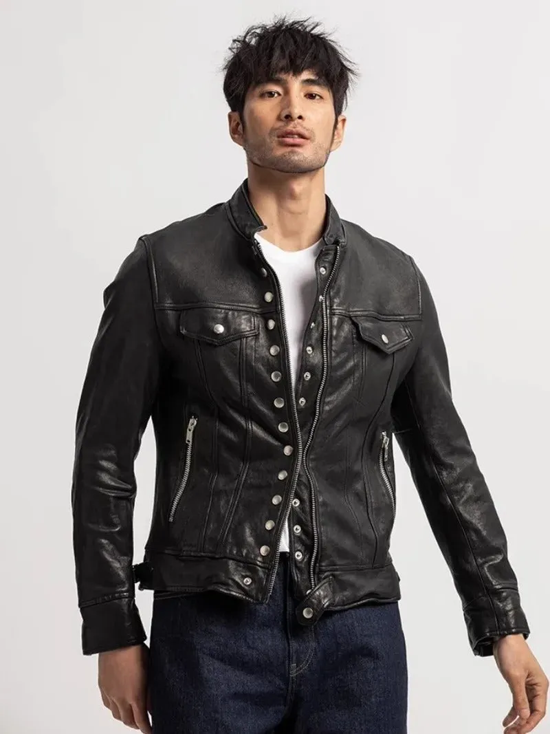 Men's Genuine Sheepskin Leather Multi-Pocket Moto Biker Jacket