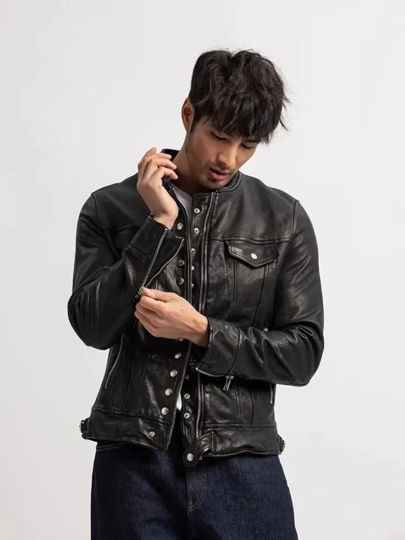 Men's Genuine Sheepskin Leather Multi-Pocket Moto Biker Jacket - Image 3