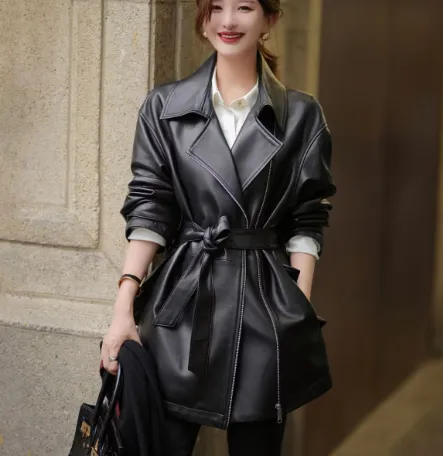 Women's Mid-Length Sheepskin Leather Trench Coat - Image 3