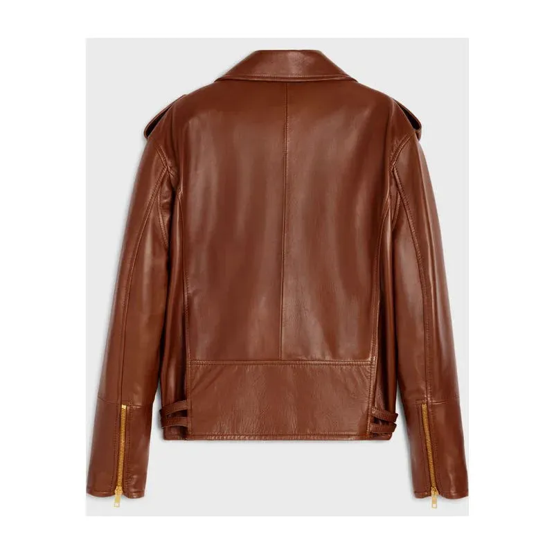 Women's Sheepskin Leather Double Belt Motorcycle Jacket with Zipper - Image 2