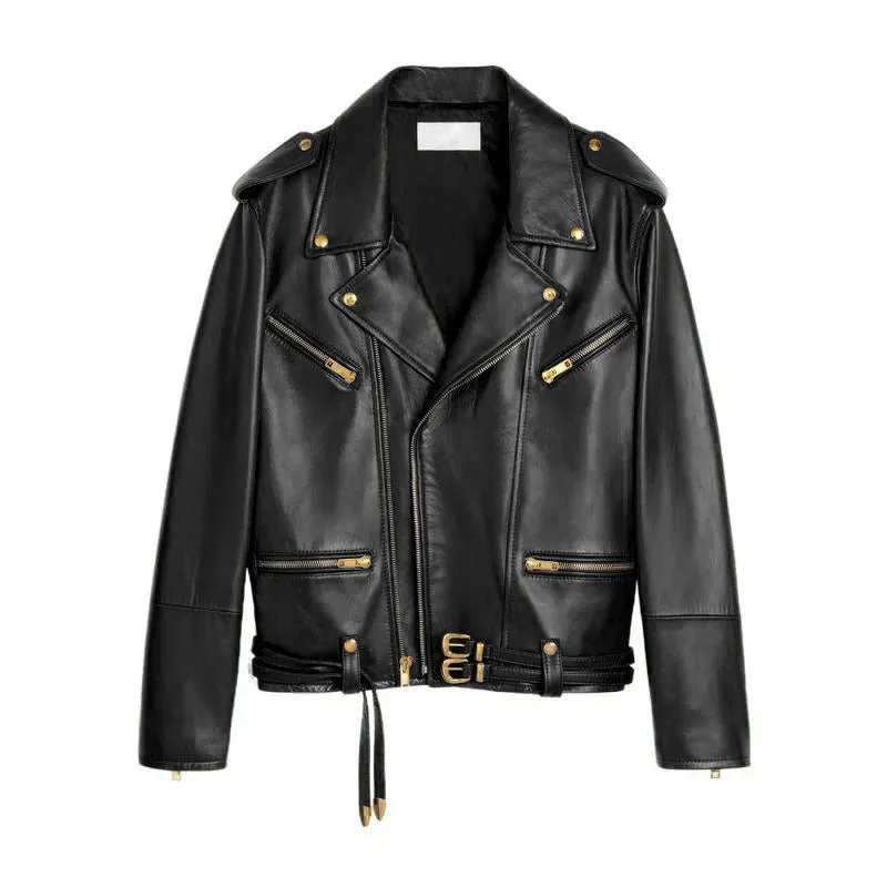 Women's Sheepskin Leather Double Belt Motorcycle Jacket with Zipper - Image 3