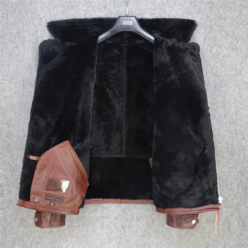 Men's Genuine Cow Leather Jacket with Shearling Faux Fur Lining - Image 3