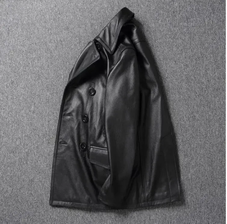 Men's Black Cowhide Leather Trench Coat - Genuine Leather Long Windcoat - Image 3