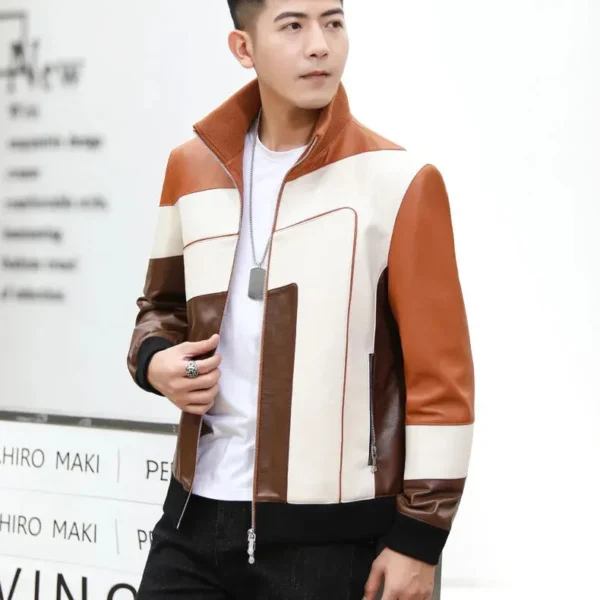 Men's Genuine Sheepskin Leather Motorcycle Jacket with Stand-Up Collar