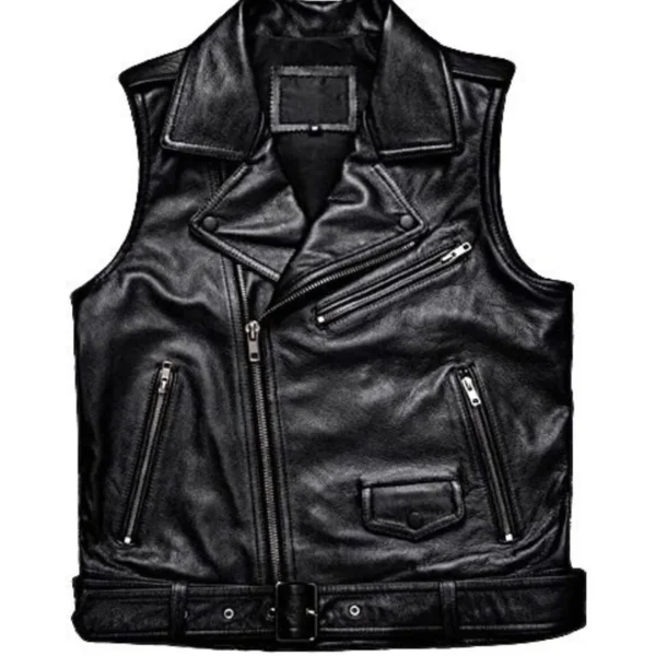 Mens Black Biker Genuine Cowhide V-Neck Cafe Racer Vest Multi Pockets Motorcycle Sporty Racer Leather Waistcoat