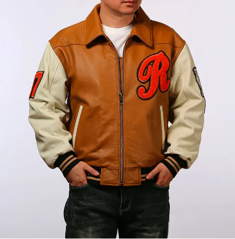 Men's Cow Leather Flight Jacket: Indian Embroidery Fashion Casual Sports Suit