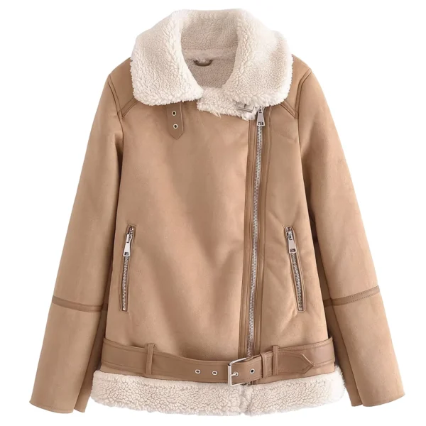 Womenâ€™s Fawn Brown Genuine Suede Sherpa Shearling Faux Fur Lined Winter Warm Thick Outfit Streetwear Loose Leather Jacket