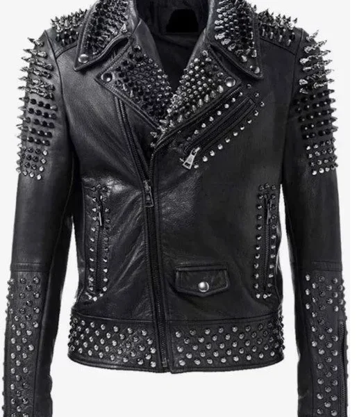 Men's Studded Spike Leather Jacket - Handmade Biker Rock Punk, Genuine Cowhide