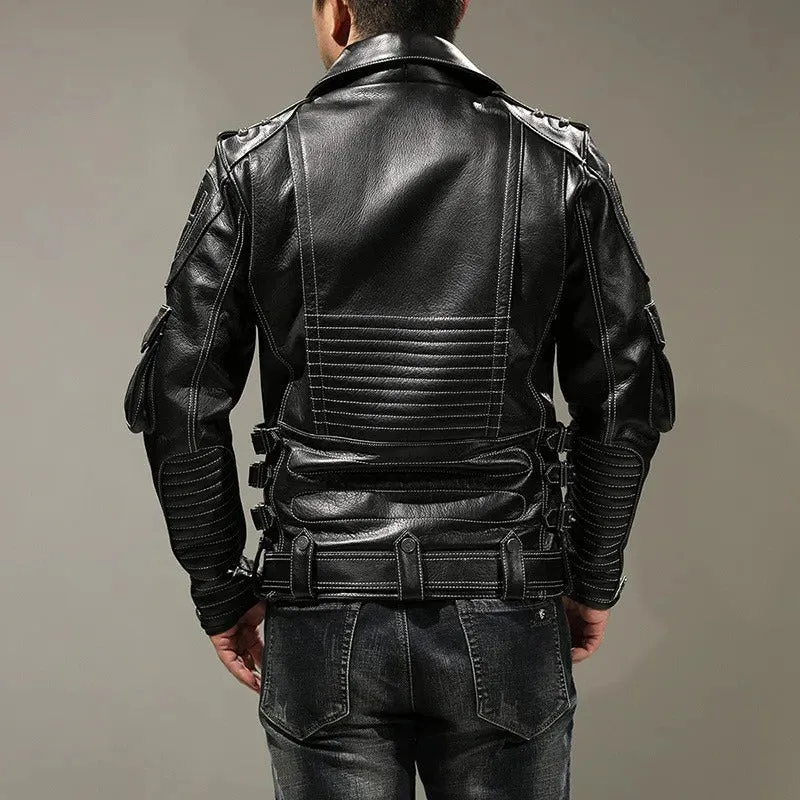 Men's Punk Style Genuine Cowhide Leather Motorcycle Jacket with Pockets - Image 2