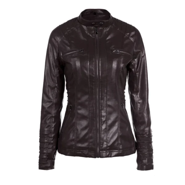 Womens Racer Brown Genuine Sheepskin Detachable Hooded Sporty Moto Scooter Racer Slim Fit Casual Classic Leather Jacket