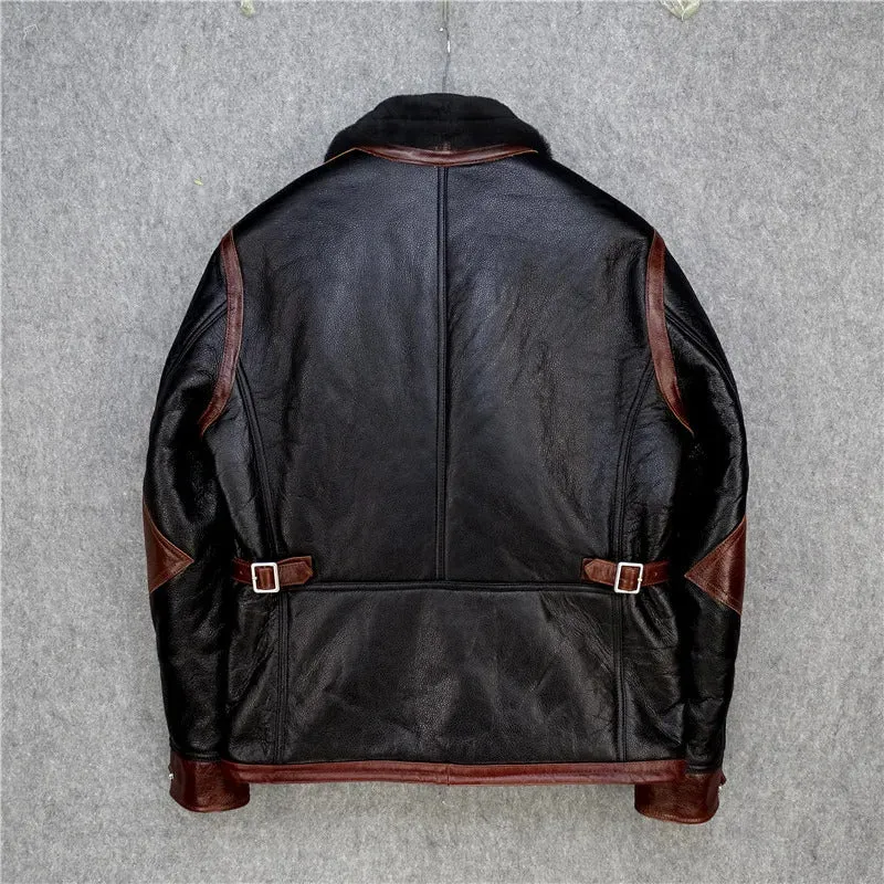 Men's Genuine Cow Leather Jacket with Shearling Faux Fur Lining - Image 2