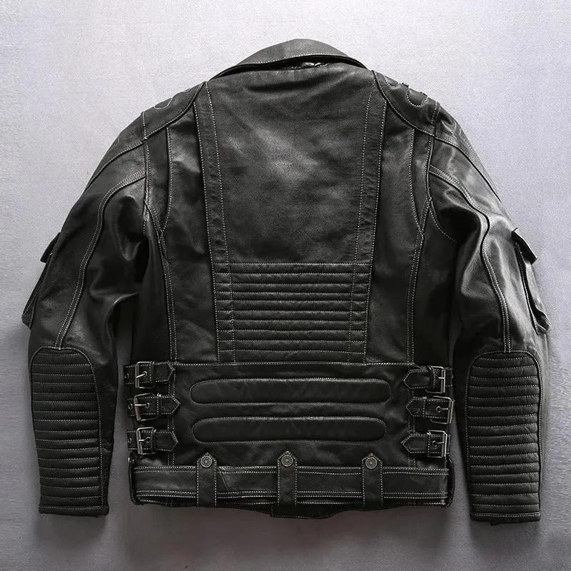 Men's Punk Style Genuine Cowhide Leather Motorcycle Jacket with Pockets - Image 3