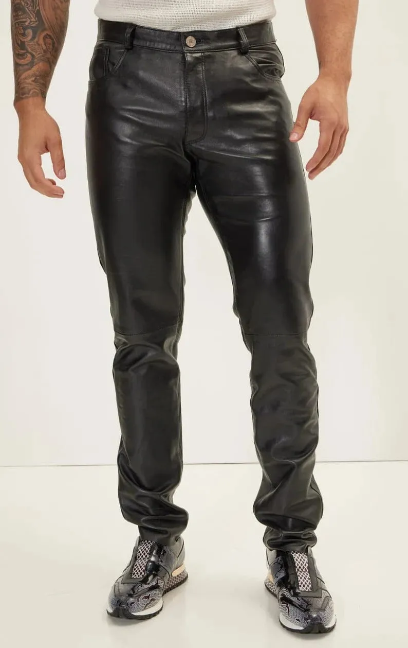Men's Slim-Fit Classic Zipper Pants - Genuine Lambskin Leather - Image 3