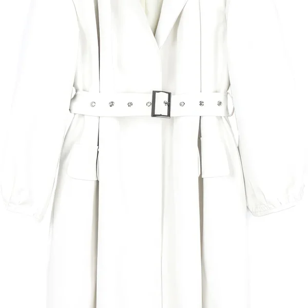 Womens White Genuine Sheepskin Pleated Neckline Loose Luxury Casual Korean Fashion Stylish Belted Leather Coat