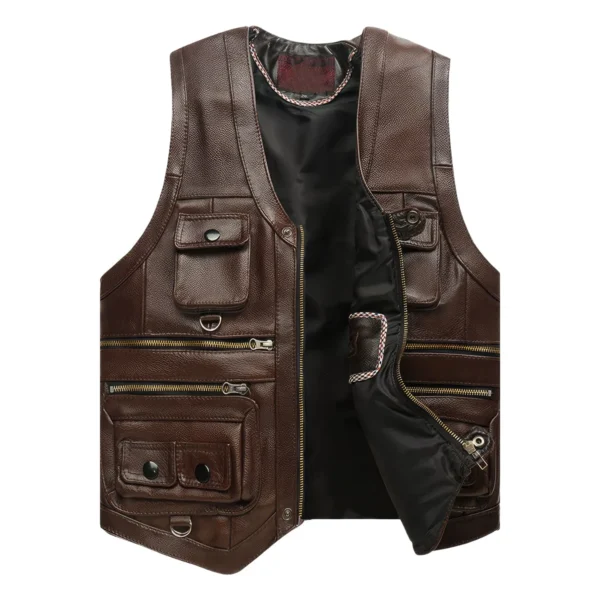 Mens Brown Biker Genuine Cowhide V-Neck Cafe Racer Vest Multi Pockets Motorcycle Sporty Racer Leather Waistcoat