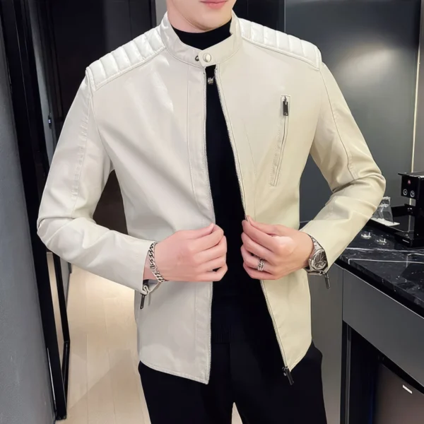 Mens White Genuine Sheepskin Quilted Shoulders Gentlemen Simple Casual Classic Slim Fit Moto CafÃ© Racer Leather Jacket