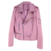 Womenâ€™s Pink Biker Genuine Sheepskin Lapel Studded Collar Celebrity Style Sporty CafÃ© Racer Slim Fit Leather Jacket