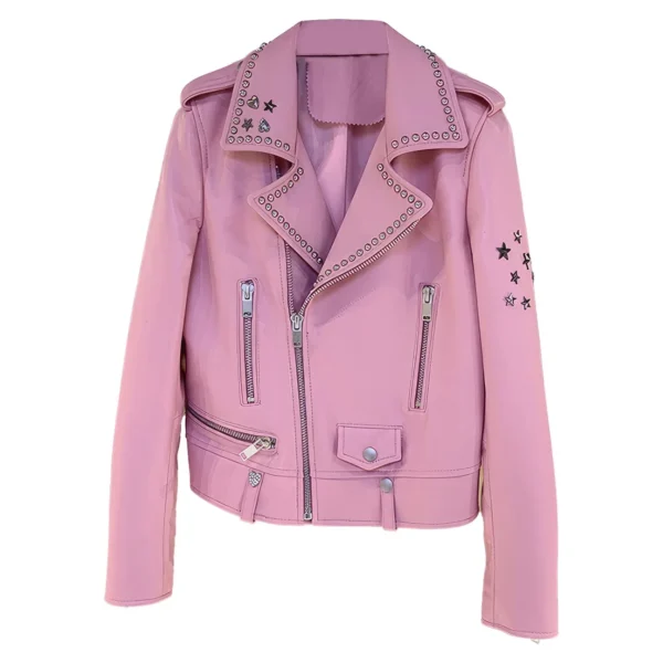 Women’s Pink Biker Genuine Sheepskin Lapel Studded Collar Celebrity Style Sporty Café Racer Slim Fit Leather Jacket