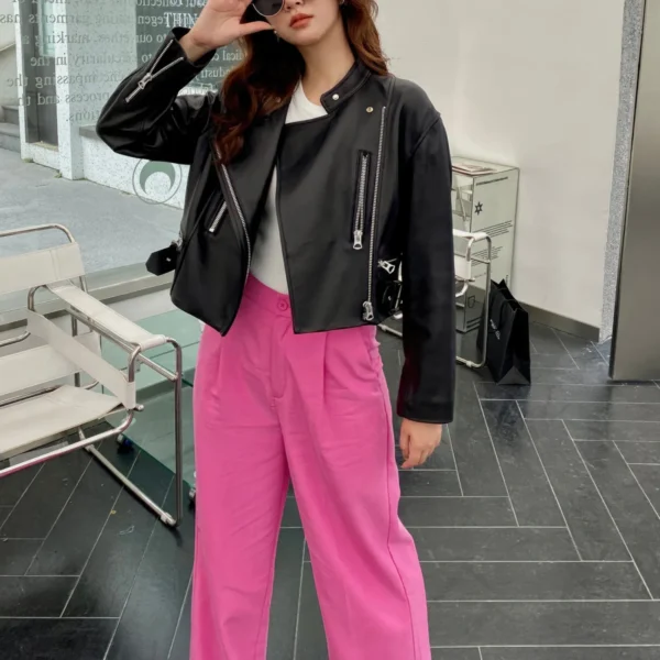 Womens Black Biker Genuine Sheepskin Stand Collar Crossover Café Racer Classic Motorcycle Rider Slim Fit Leather Jacket