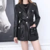 Womens Black Genuine Sheepskin Single Breasted Casual Multi-Pockets Fashion Motorcycle Belted Leather Jacket