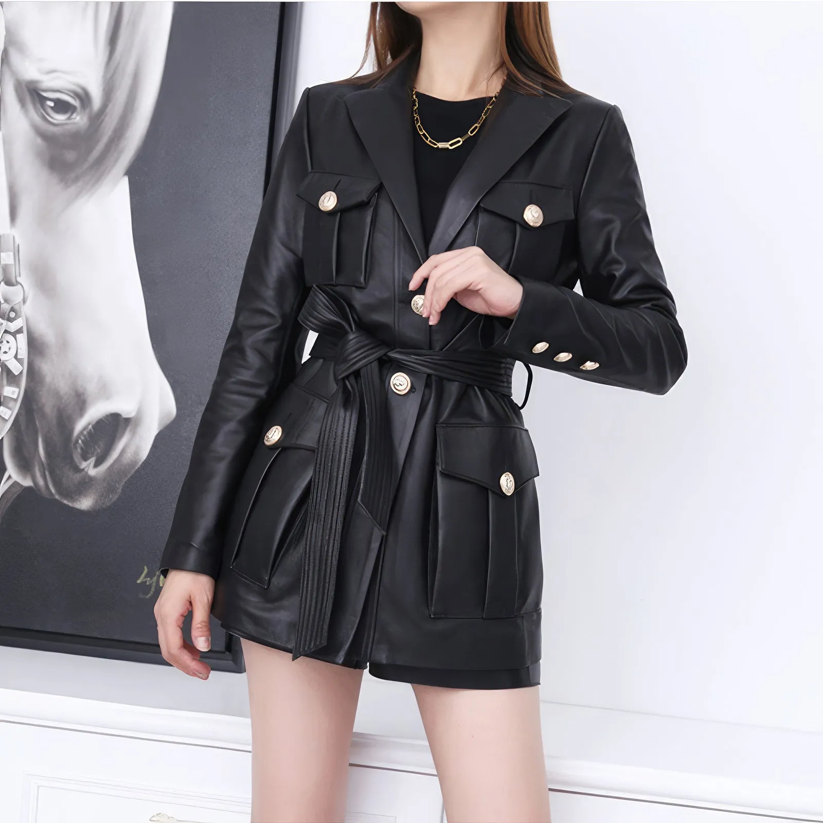 Womens Black Genuine Sheepskin Single Breasted Casual Multi-Pockets Fashion Motorcycle Belted Leather Jacket - Image 3