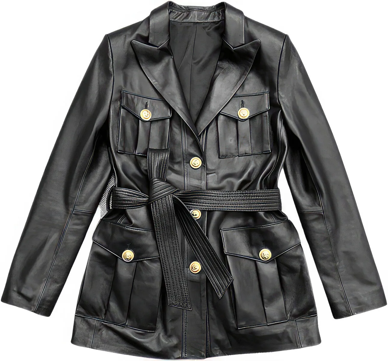 Womens Black Genuine Sheepskin Single Breasted Casual Multi-Pockets Fashion Motorcycle Belted Leather Jacket - Image 4