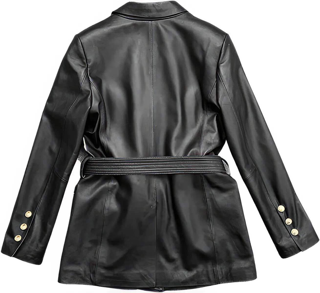 Womens Black Genuine Sheepskin Single Breasted Casual Multi-Pockets Fashion Motorcycle Belted Leather Jacket - Image 5