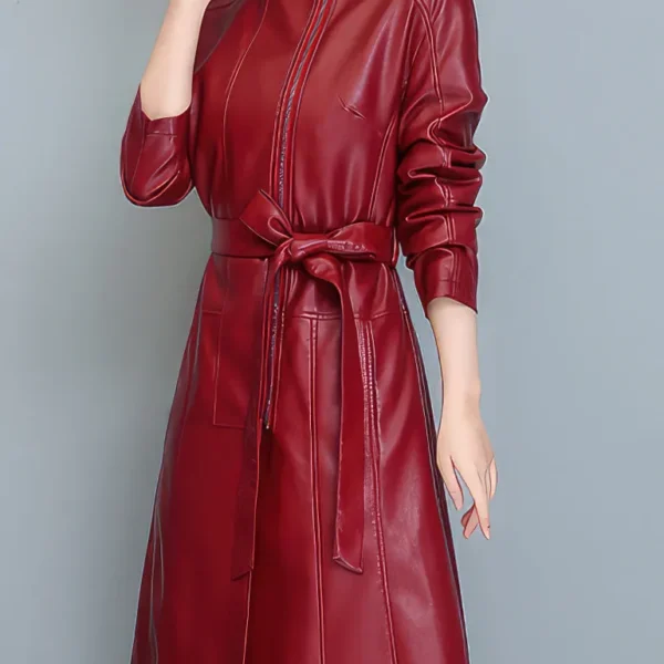 Womens Red Genuine Sheepskin Stand Collar Slim Fit Belted High Street Smooth Lightweight Elegant Fashion Leather Coat