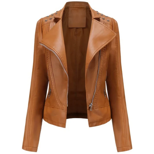 Womens Camel Brown Biker Genuine Sheepskin Studded Shoulders Fashionable Motorcycle Rivet Crossover Asymmetric Slim Fit Leather Jacket