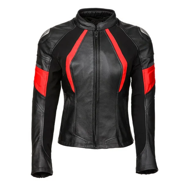 Womens Black Biker Genuine Cowhide Stand Collar Cycling Protective Red Stripped Slim Fit Moto Racing Four Seasons Leather Jacket