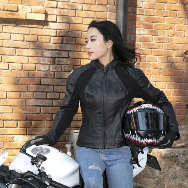 Womens Black Biker Genuine Cowhide Stand Collar Cycling Protective Black Stripped Slim Fit Moto Racing Four Seasons Leather Jacket